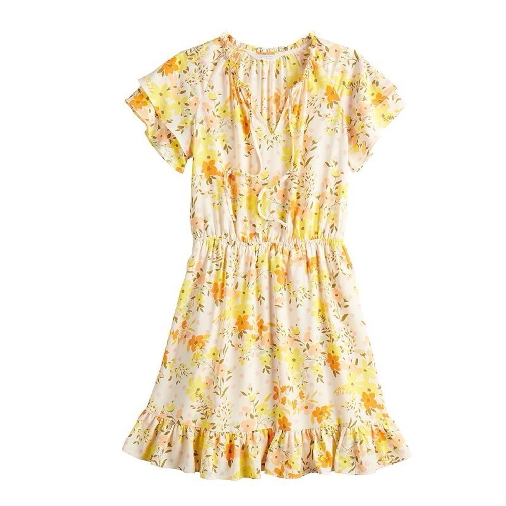 LC Lauren Conrad Yellow Ruffle-Sleeve Fit & Flare Dress Size L NWT